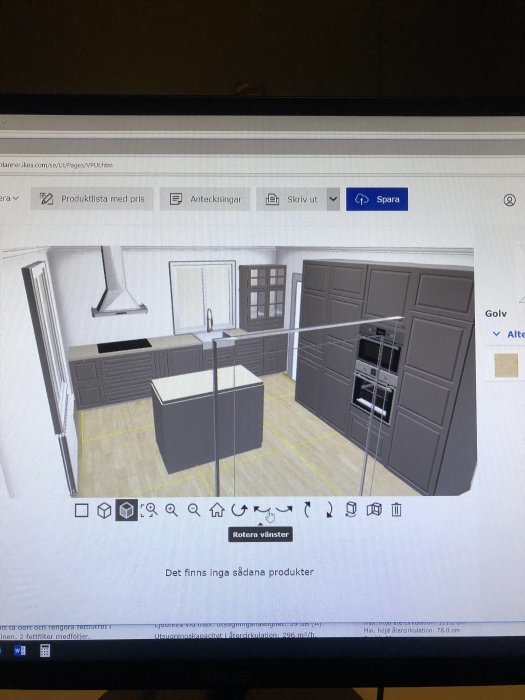 3D-design av tomt kök med köksö och inbyggda skåp på en köksplaneringswebbsida.