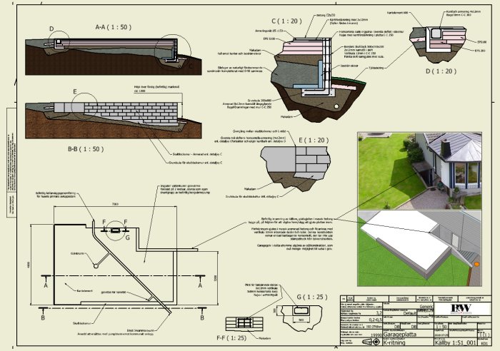 Konstruktionsritning av projekt med detaljsektioner och en 3D-modell bredvid bilder på befintligt hus.