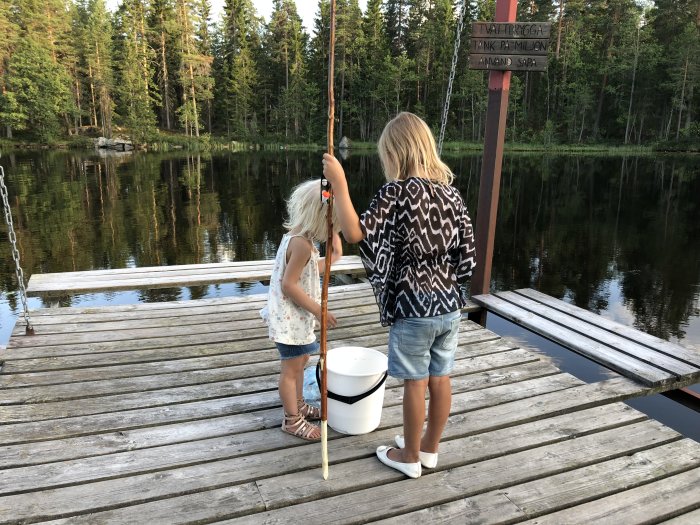 Två barn fiskar från en träbrygga vid en sjö omgiven av skog under en solig dag.