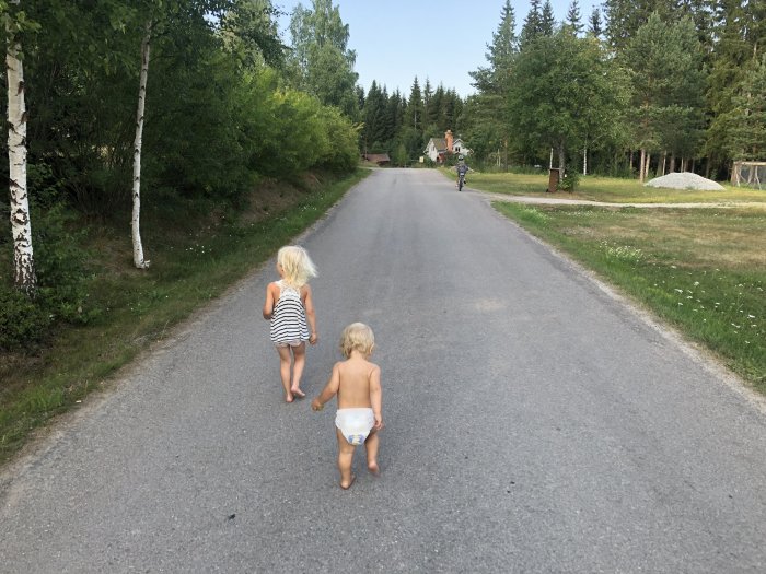 Två små barn går längs en lugn landsväg omgiven av gröna träd och en klarblå himmel ovanför.