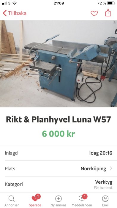 Rikt och planhyvel Luna W57 till salu, i en verkstadsmiljö med spån och arbetsmaterial i bakgrunden.