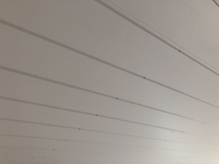 Vitt tak med brädor och markerade punkter för spottar, dyckert synlig på de första takbrädorna.