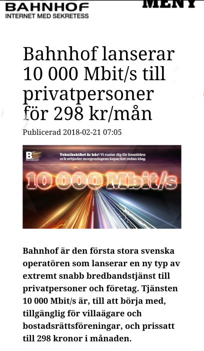 Reklam för Bahnhof med text som marknadsför 10 Gb/s bredbandstjänst för 298 kr/mån.