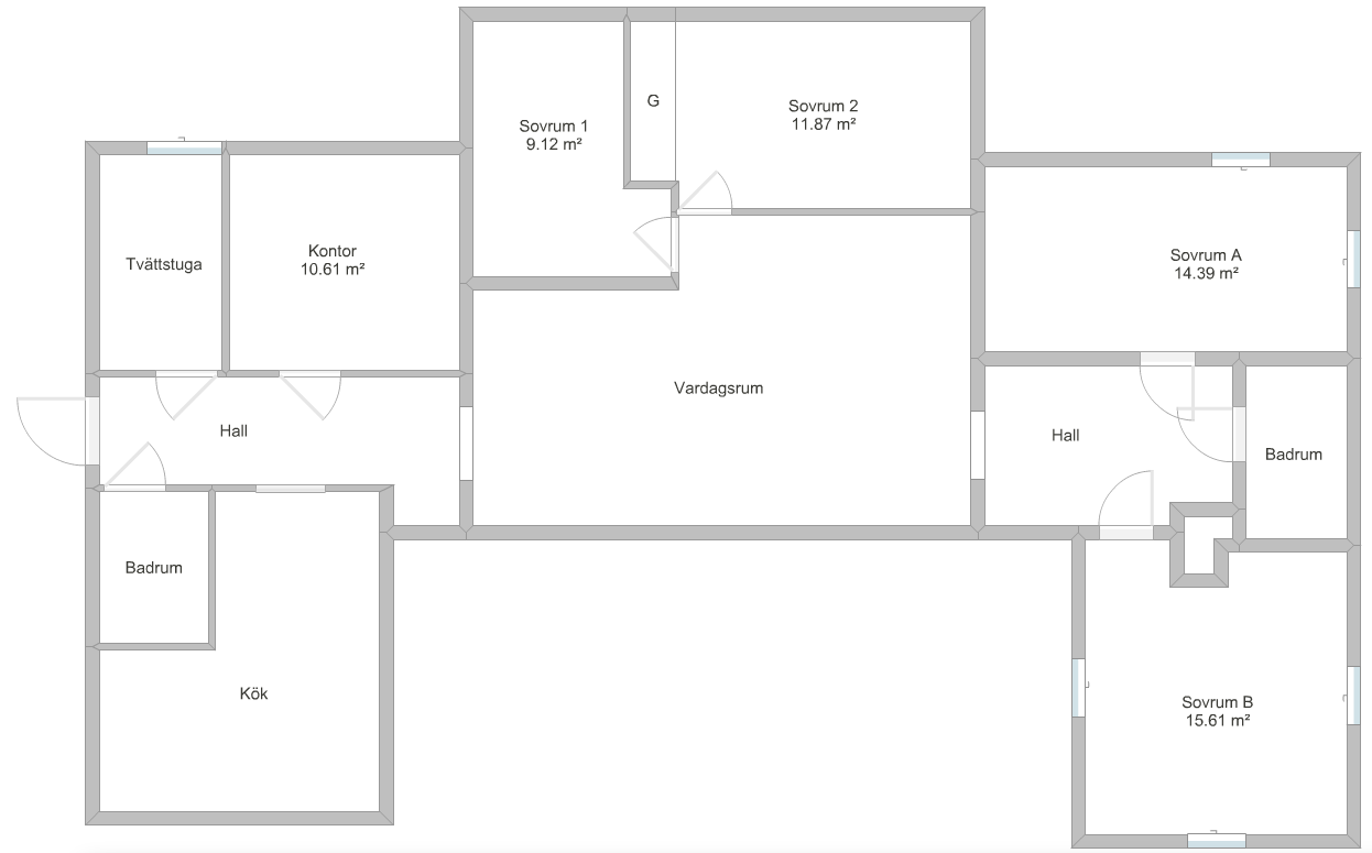 Planritning av en bostad som visar befintliga rum och storlekar, inklusive sovrum, kontor, vardagsrum och kök.