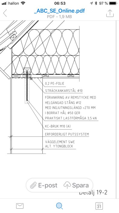 Teknisk ritning som visar förankring av sträckankarstål och hammarband i väggelement.