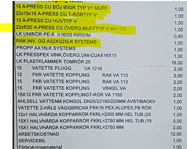 Bild på en produktlista med markerade artiklar för VVS-installationer, innehållande koppar-press och rördelar.