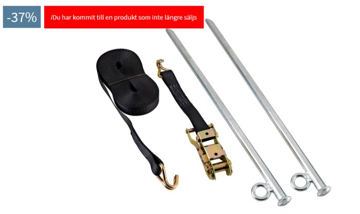 Förankringssats för studsmatta inklusive två markspett och ett spännband, tidigare såld av Jysk.