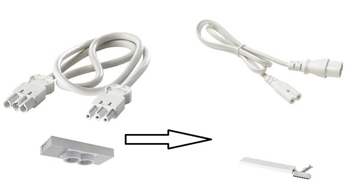 Elkablar och komponenter för att koppla en IKEA-driver till ett Utrusta uttag, med adapterproblem.