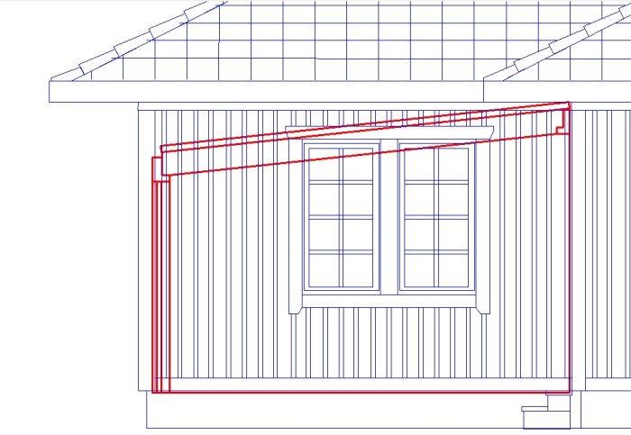 Arkitektskiss av ett hus med ett planerat uterum, visar hur takbjälken går över ett fönster och anslutning till husväggen.