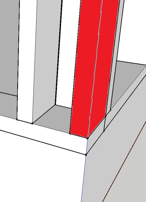 Schematisk illustration av väggkonstruktion med vertikala stolpar och en markerad röd yta som diskuteras.