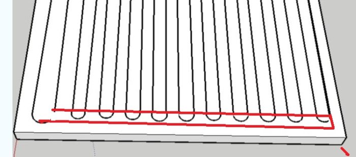 Skiss av golvvärmeslingor längs en yttervägg markerade med röda linjer.