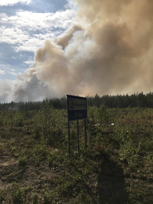 Rökmoln över skogen nära vägskylt som anger avståndet till Lassekrog 5 km.