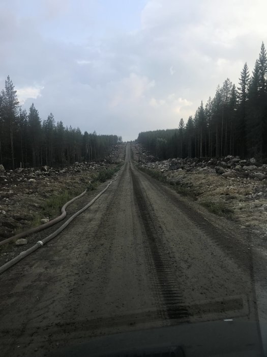 Skogsväg med slangledningar efter insatser mot skogsbrand i Färila/Ljusdal.