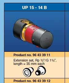 Cirkulationspump UP 15 - 14 B och förlängningsset med gängor G 1 1/4", längd 35 mm.