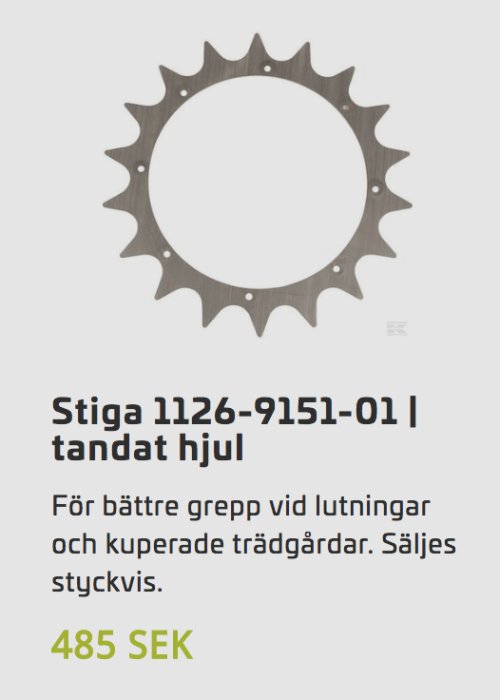 Bild på ett tandat hjul från Stiga för bättre grepp i lutningar, benämnt "Stiga 1126-9151-01".