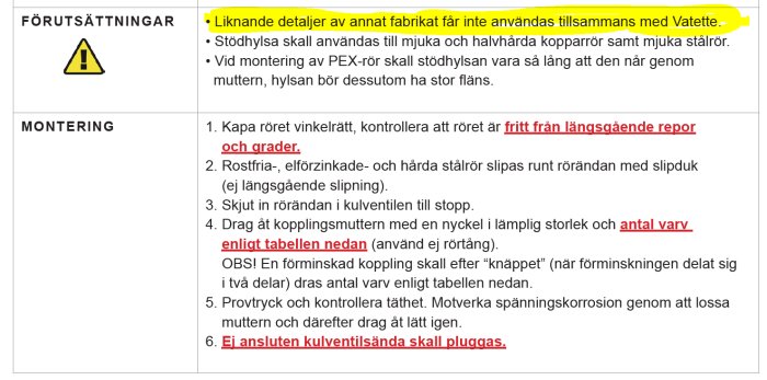Instruktionsdokument om montering med varning för att blanda detaljer från olika tillverkare.