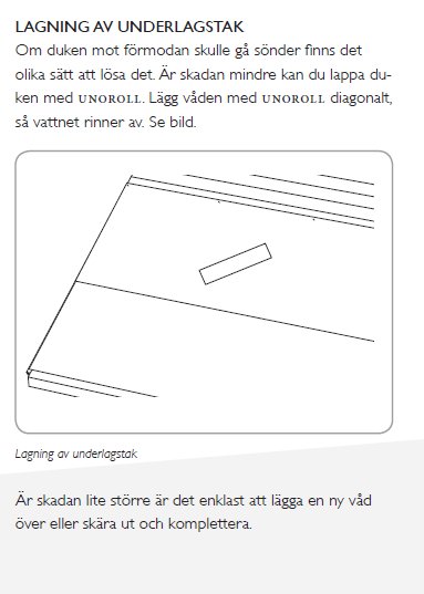 Illustration som visar lappning av ett underlagstak med en bit UNOROLL placerad diagonalt över ett hål.