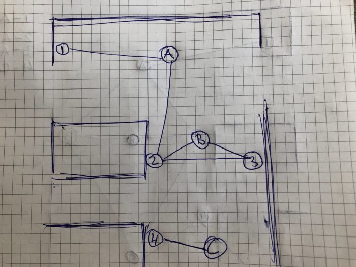 Handritad skiss på millimeterpapper som visar ett byggupplägg med markerade punkter A, B och C samt anslutningar.