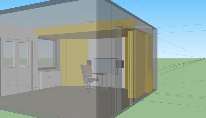 3D-modell av et rom med gule lydabsorbenter langs veggene, et element ved vinduet uten sideabsorbenten, samt en arbeidsplass med stol og skjerm.