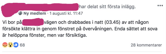 Skärmdump av Facebook-inlägg om inbrottsförsök genom fönster på natten.