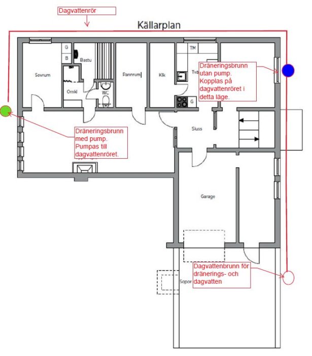 Ritning av källarplan som visar anslutningar för dränerings- och dagvattenrör inklusive placering av brunnar.