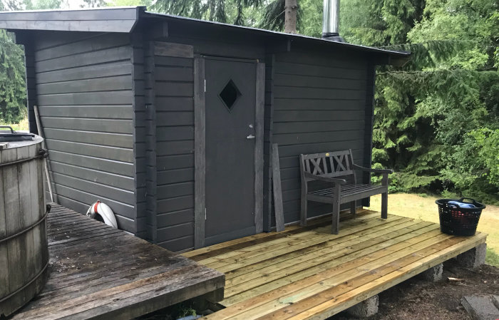 Nybyggd bastu med mörk trall och vindskivor, träbänk, dörr och skorsten syns, omgiven av gröna träd.