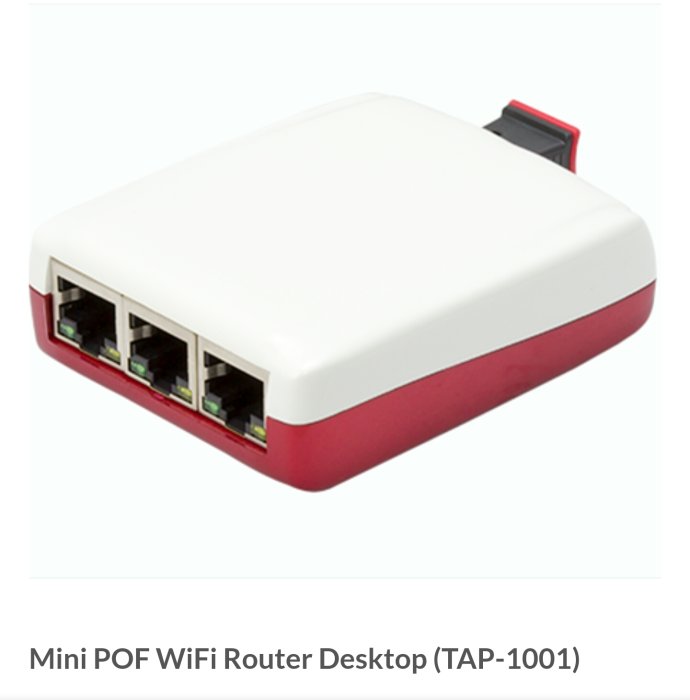 Vit och röd väggmonterad mini POF WiFi-router med flera portar.