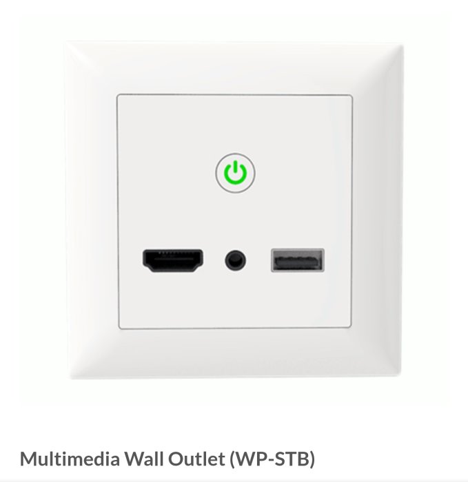 Väggmonterad multimediauttag med POF-terminalring, strömknapp och HDMI-portar.