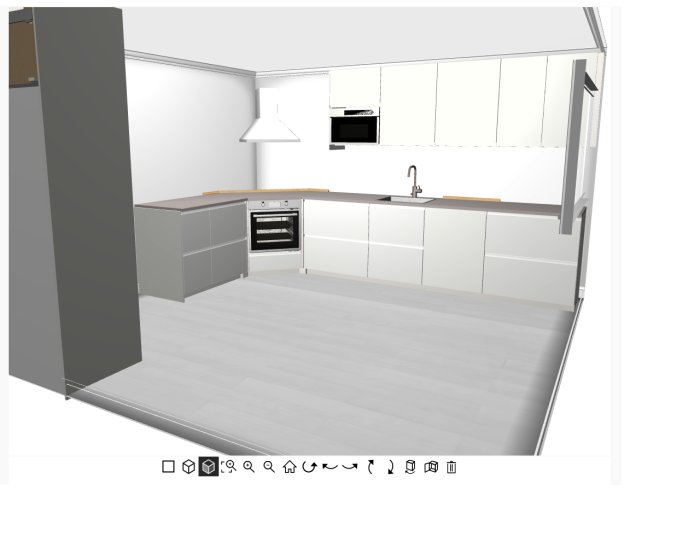 3D-visualisering av ett modernt kök med vita väggskåp, grått köksinrede och rostfria vitvaror.