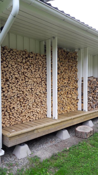 Vedstapel under takutsprång bakom garage med staplade vedträn och stödpelare.