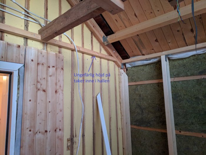 Konstruktionsbild för en balkong som byggs in med träreglar, isolering och en markering för takhöjden.