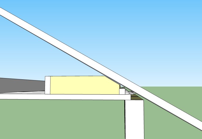 3D-modell som visar byggnadsstommen till ett balkongrum med reglar, hammarband och isolering.