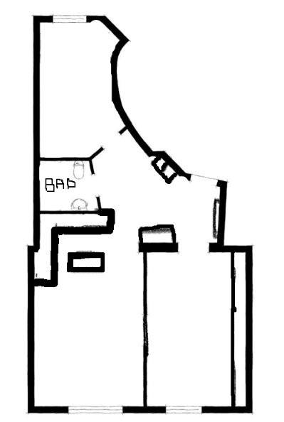 Enkel planlösningsskiss för bostad med föreslaget badrum och 70 cm gång.