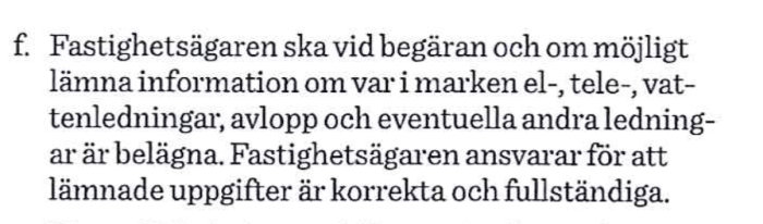 Utdrag ur textdokument som beskriver fastighetsägarens ansvar att lämna information om ledningar i marken.