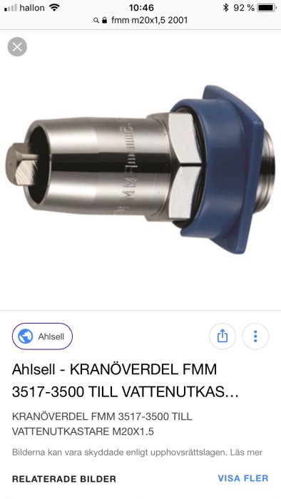 Metallisk kranöverdel FMM 3517-3500 för vattenutkastare med M20x1,5 gänga, visa mot vit bakgrund.