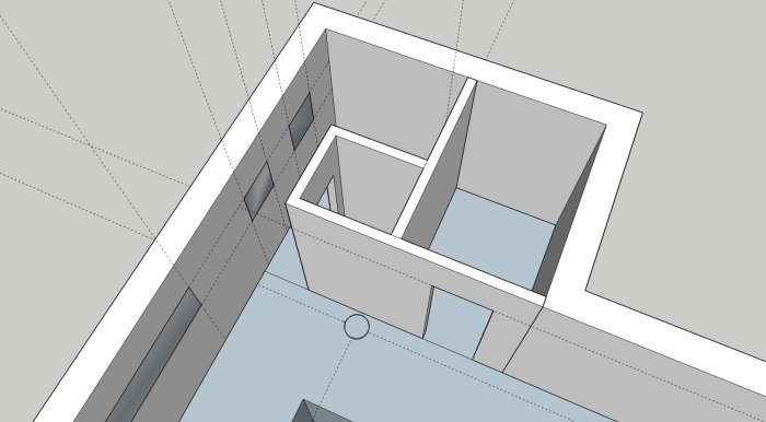 Skiss i SketchUp av planerad bastu, dusch och maskinrum i ett renoveringsprojekt för ett poolhus.