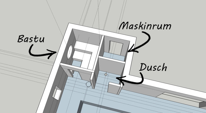 3D-skiss av planlösning för bastu, dusch och maskinrum i ett poolhus.