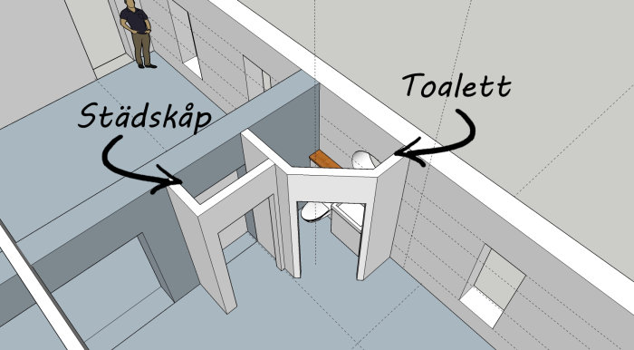 Sketchup-ritning av ett renoveringsprojekt med markeringar för städskåp, toalett och dörröppningar.