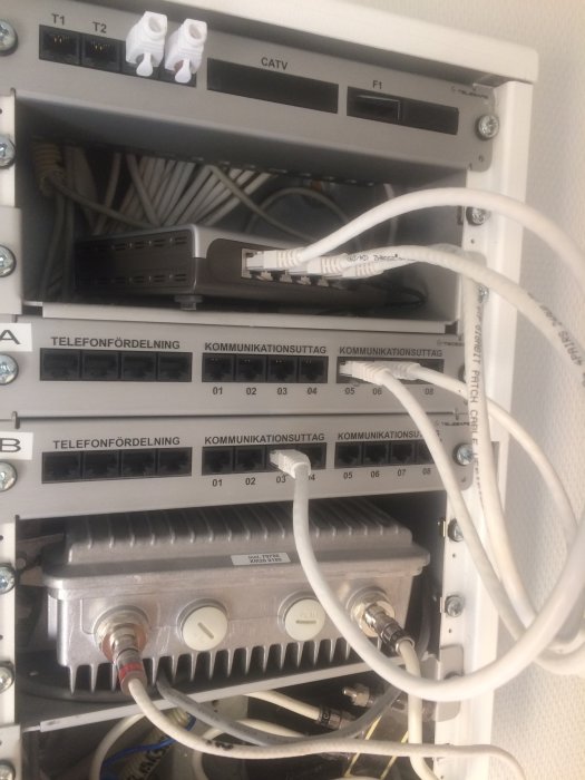 Ett nätverksskåp med kopplade kablar och etiketterade portar för telefoni och datakommunikation.