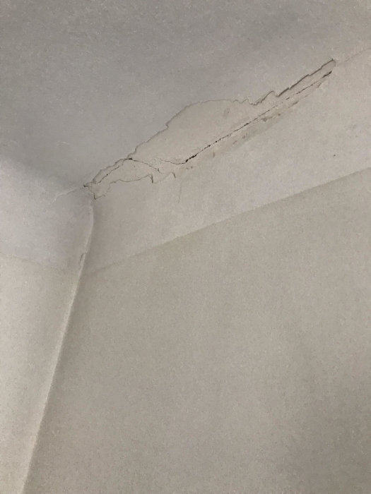 Spricka längs skarven mellan tak och vägg där gammal färg och puts tagits bort för att visa underliggande skadat gips.