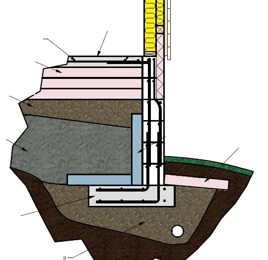 Sektionsritning av källargrund med isolering, sula, skalblock och puts i överskärlig detalj.