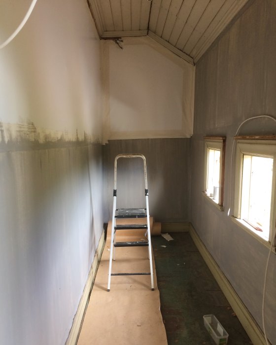 Ett halvmålat rum med stege, skyddspapp på golvet och oavslutad målning på väggarna.