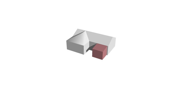 3D-modell av ett hus med valmat tak och ett förskjutet uterum åt sidan.