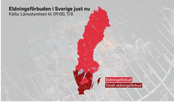 Karta över Sverige som visar områden med eldningsförbud och totalt eldningsförbud markerade i rött.