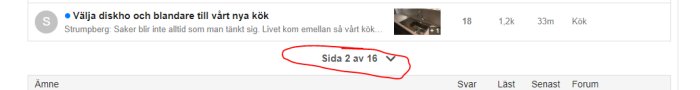 Skärmdump av diskussionsforum där texten "Sida 2 av 16" är markerad med röd cirkel.