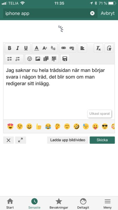 Skärmdump av ett foruminlägg som redigeras i en app på en iPhone med text- och emojisverktygsfält synligt.