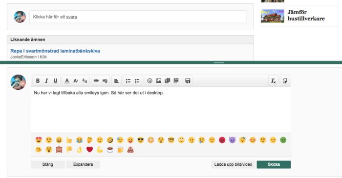 Skärmdump av ett foruminlägg med en textredigerare och en rad återinförda emojis som smileys.