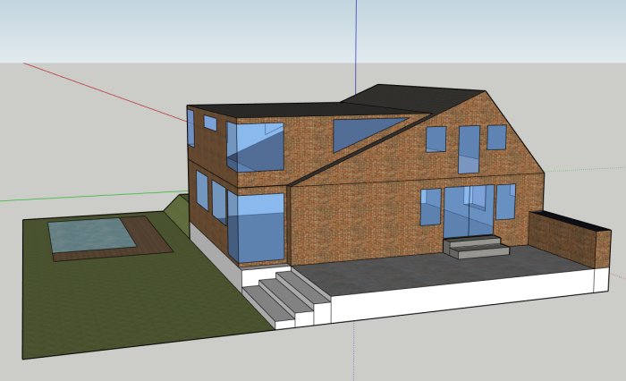 3D-modell av ett 1,5-plans tegelhus med planerad tillbyggnad och bakgård.