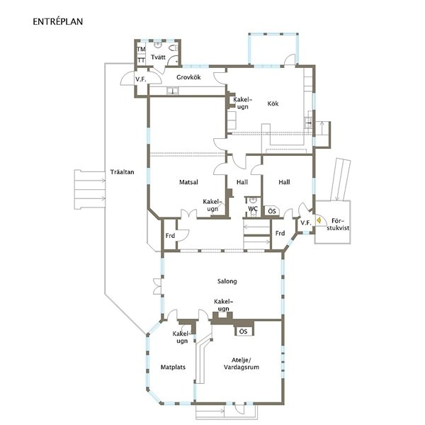 Planlösning av ett hus med stor matsal anslutande till köket, markerade kakelugnar och flera rum.