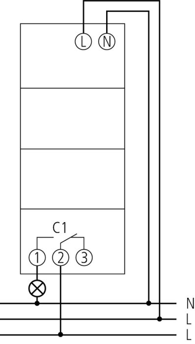 Schematisk illustration av kopplingsschema för utebelysning med astrour, visar anslutningar för L och N samt kanalerna C1.